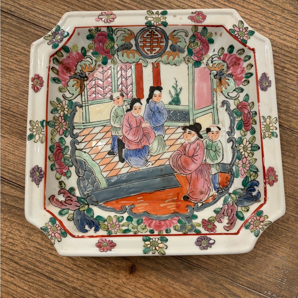 Vintage Asian Hand Painted Floral Famille Rose Porcelain Plate Pink & Multicolor